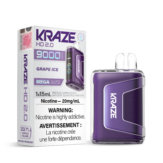 GRAPE ICE KRAZE HD 2.0 DISPOSABLE VAPE (9000 PUFFs) Grape Ice delivers a delightful fusion of sweet and juicy grapes, perfectly balanced with a refreshing blast of icy coolness.